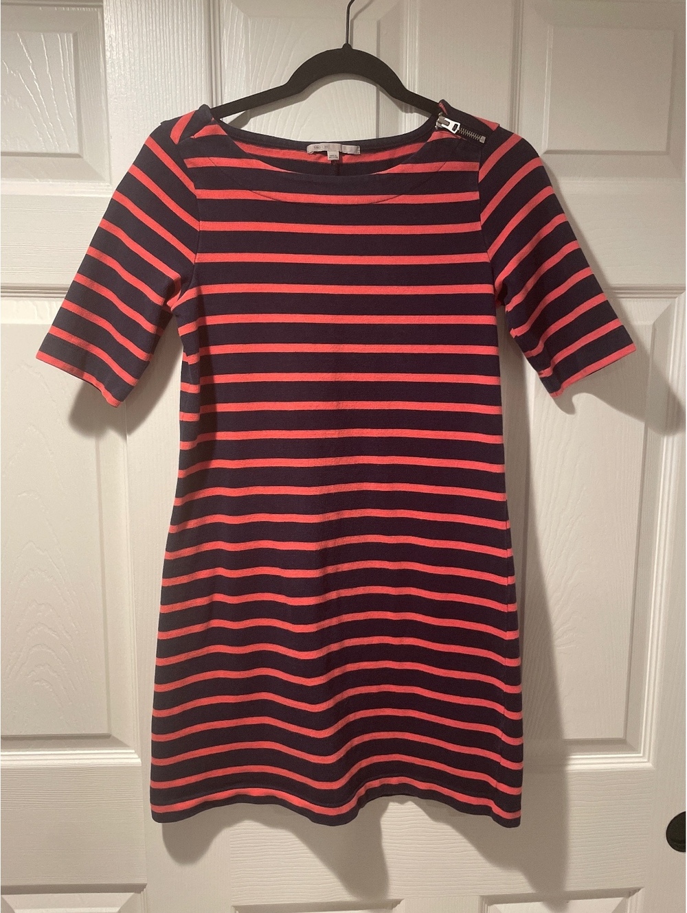 GAP Nautical Shift Dress XS Navy Coral Striped Cotton Shoulder Zip Mini Preppy